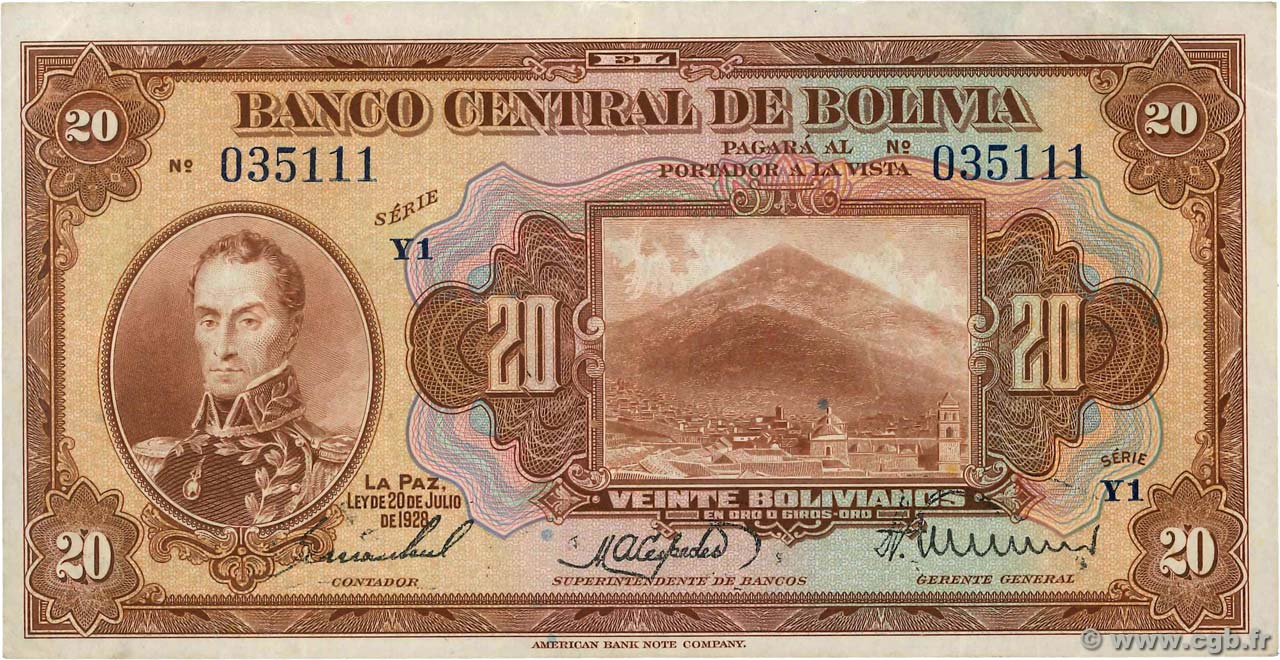 20 Bolivianos BOLIVIA  1928 P.122a SPL