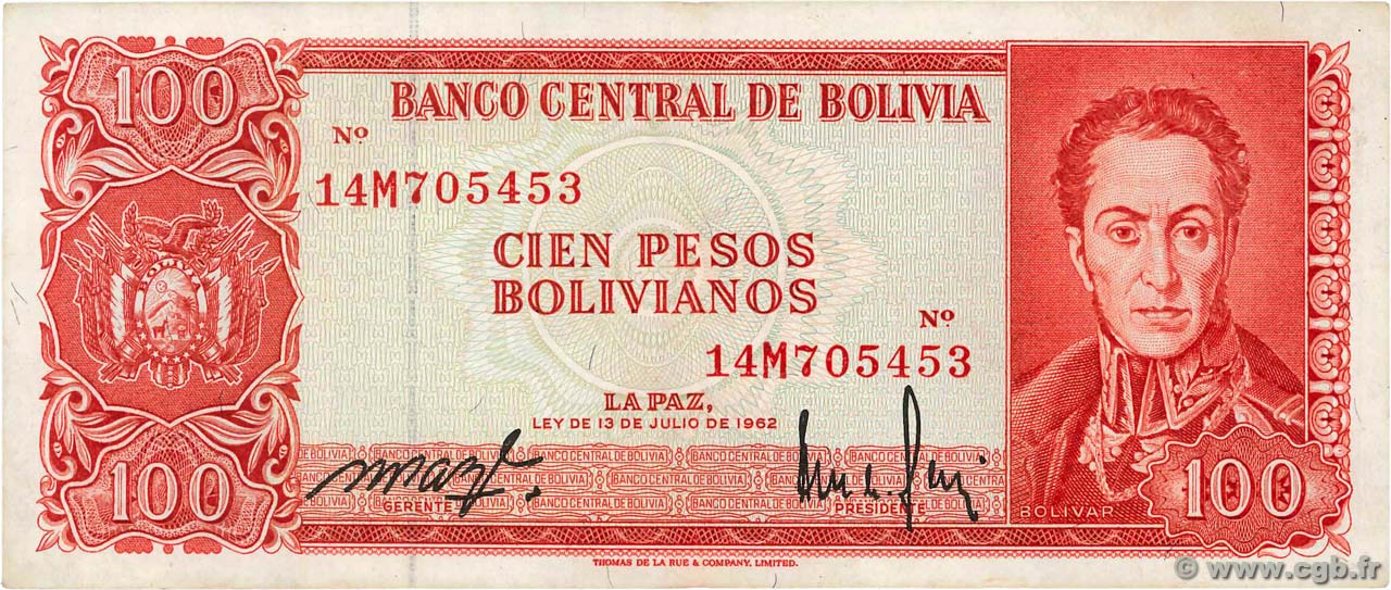 100 Pesos Bolivianos BOLIVIE  1962 P.163a TTB