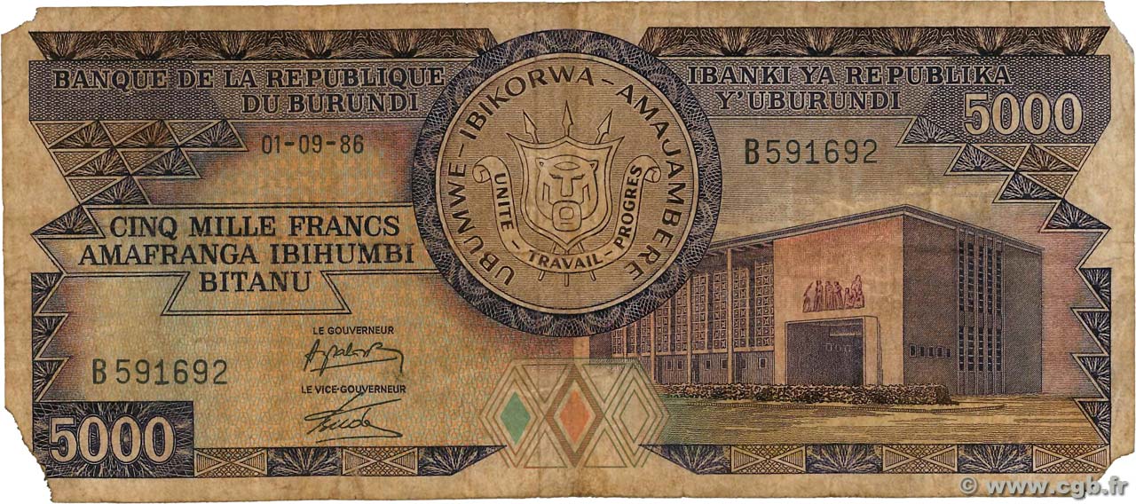 5000 Francs BURUNDI  1986 P.32b B+