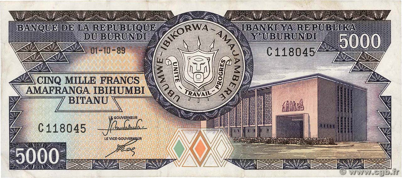 5000 Francs BURUNDI  1989 P.32c TTB