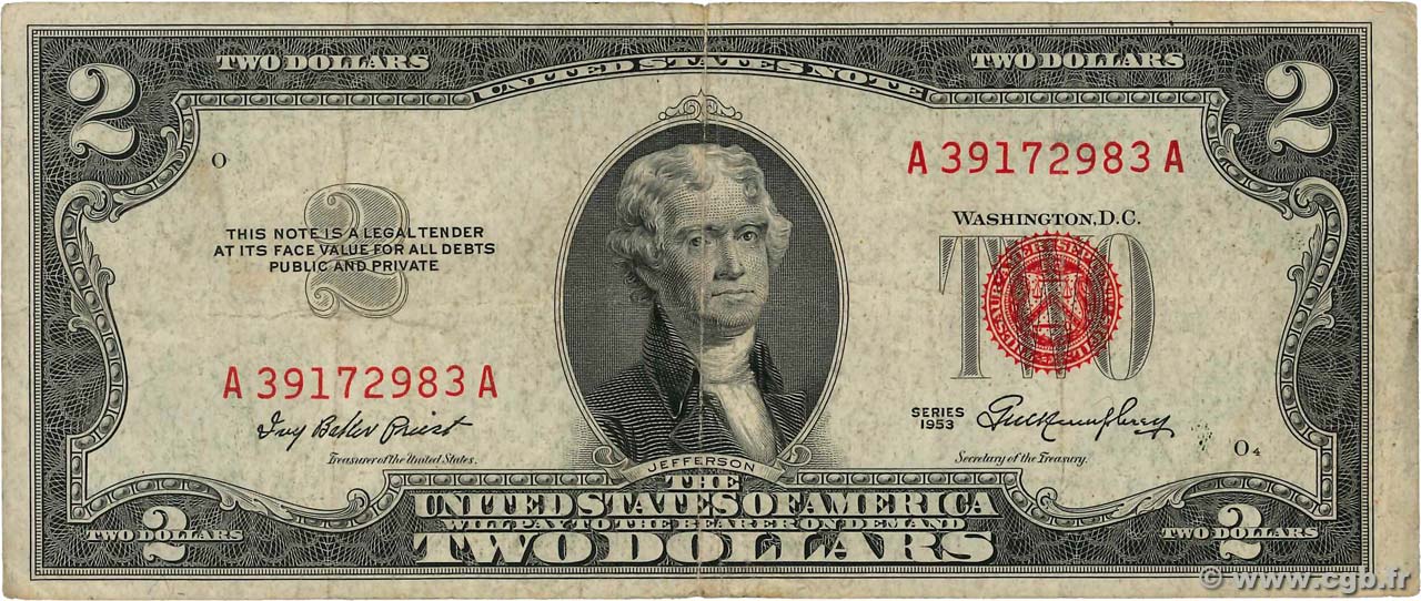 2 Dollars ÉTATS-UNIS D AMÉRIQUE  1953 P.380 TB