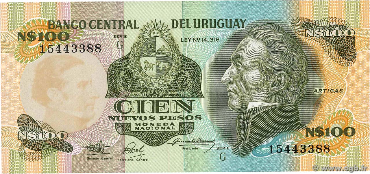 Uruguay 100 Nuevos Pesos PAPER MONEY 1987 UNC 