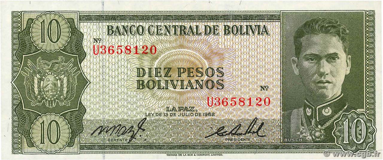 10 Pesos Bolivianos BOLIVIA  1962 P.154a q.FDC