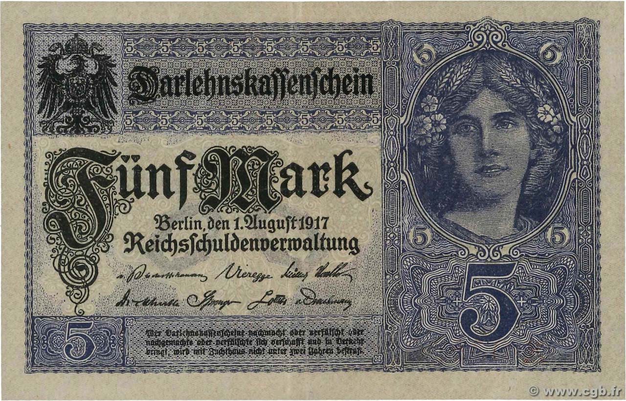 5 Mark GERMANY  1917 P.056a XF