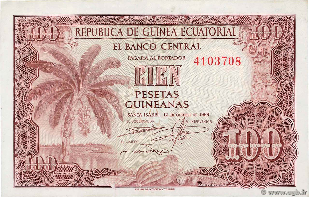 100 Pesetas Guineanas GUINÉE ÉQUATORIALE  1969 P.01 SPL