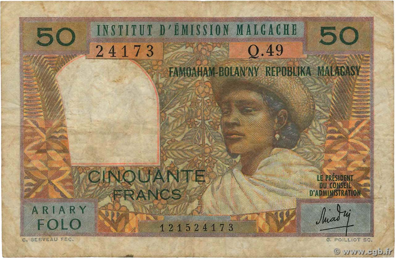 50 Francs - 10 Ariary MADAGASCAR  1969 P.061 TB