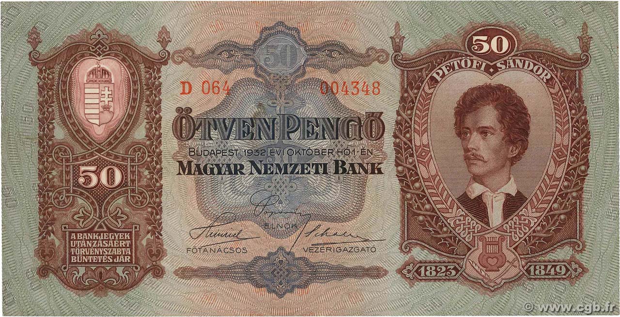 50 Pengö HUNGARY  1932 P.099 XF