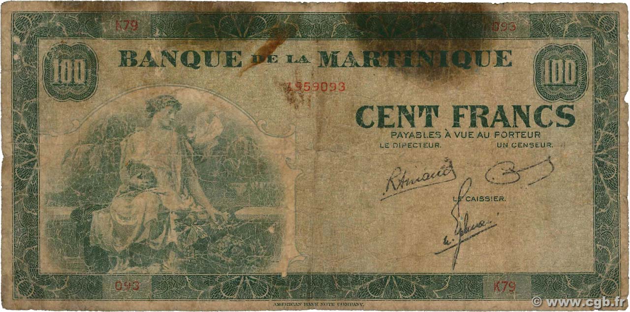 100 Francs MARTINIQUE  1945 P.19a MC