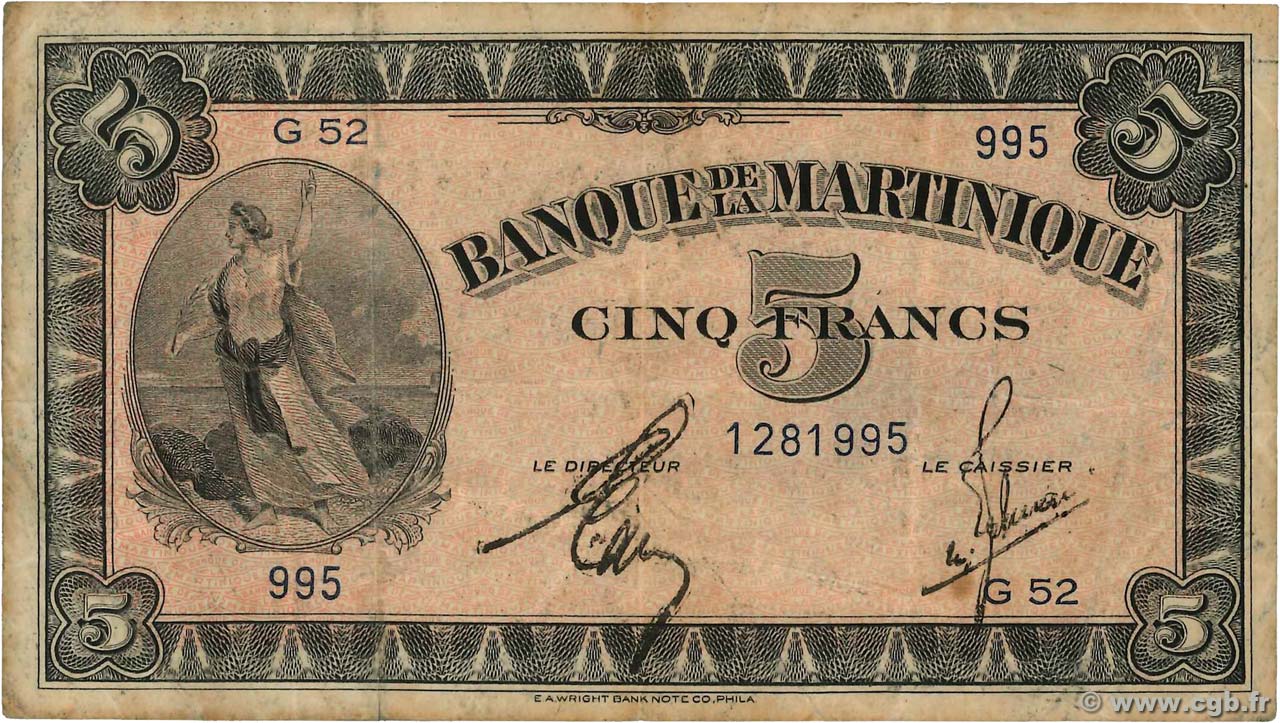 5 Francs MARTINIQUE  1944 P.16b F