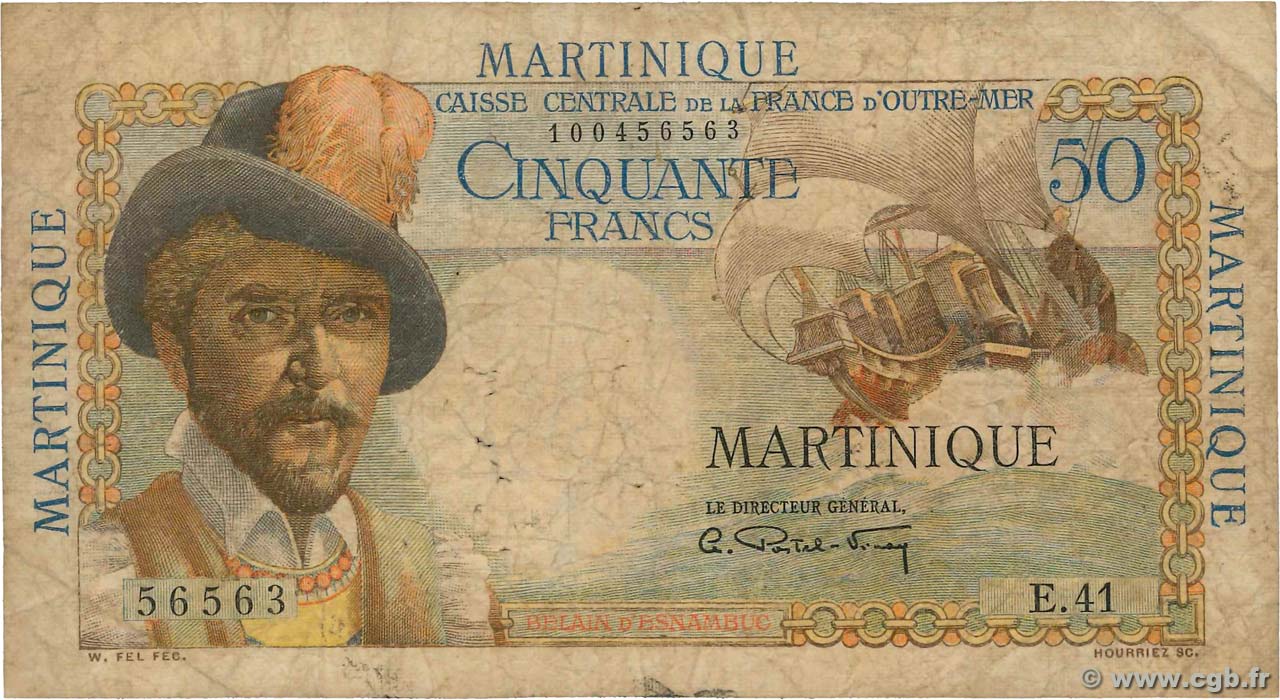 50 Francs Belain d Esnambuc MARTINIQUE  1946 P.30a VG