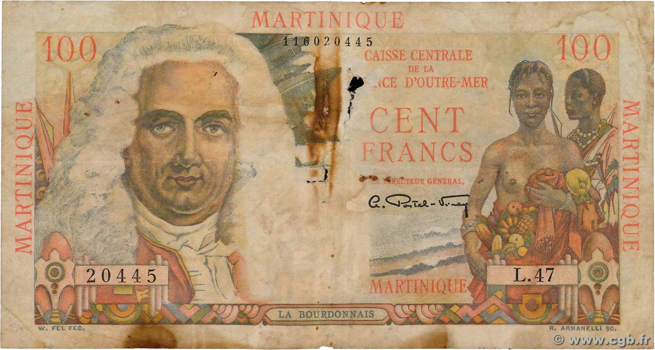 100 Francs La Bourdonnais MARTINIQUE  1946 P.31a RC
