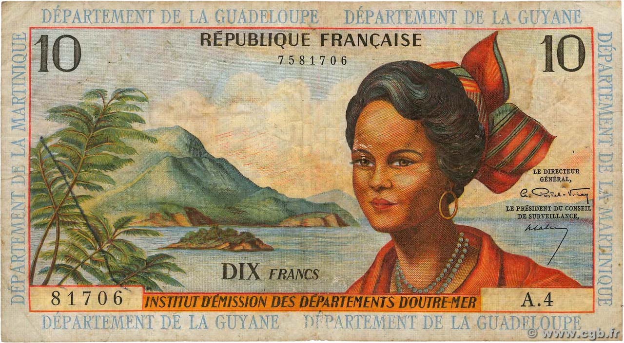 10 Francs FRENCH ANTILLES  1964 P.08a q.MB