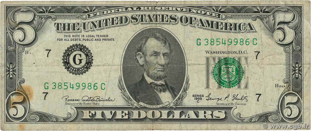 5 Dollars ÉTATS-UNIS D AMÉRIQUE Chicago 1969 P.450d TB