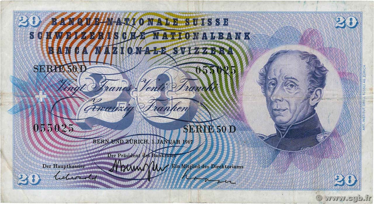 20 Francs SUISSE  1967 P.46n MB