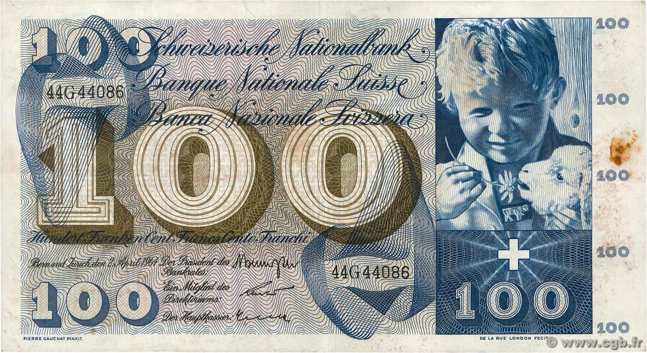 100 Francs SWITZERLAND  1964 P.49f VF