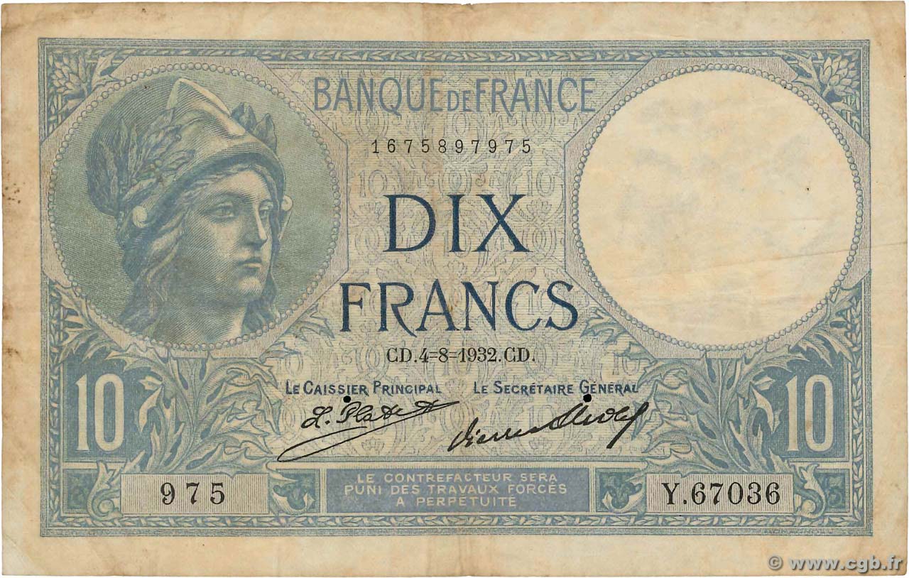 10 Francs MINERVE FRANCE  1932 F.06.16 pr.TB