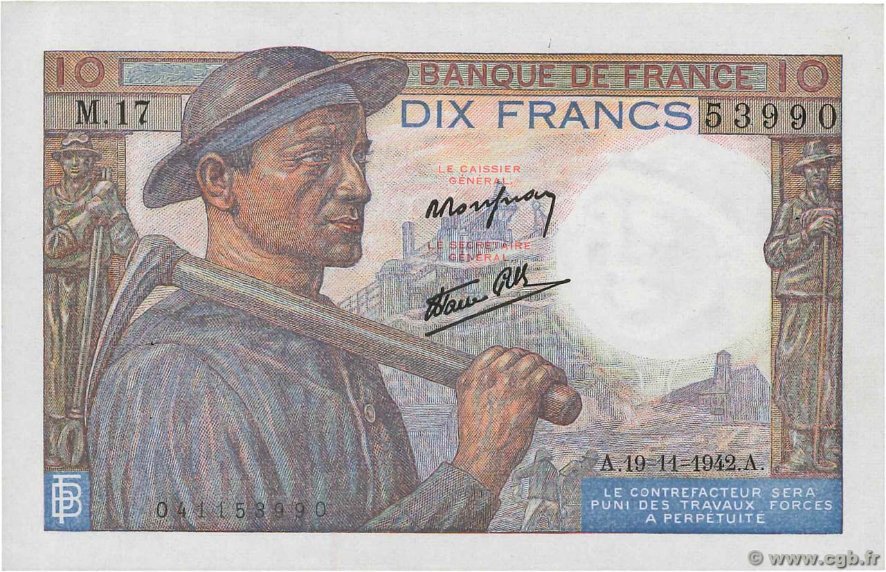 10 Francs MINEUR FRANCE  1942 F.08.05 SUP