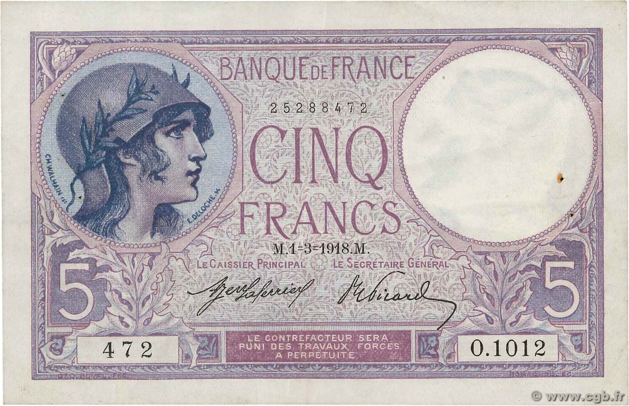 5 Francs FEMME CASQUÉE FRANCE  1918 F.03.02 VF