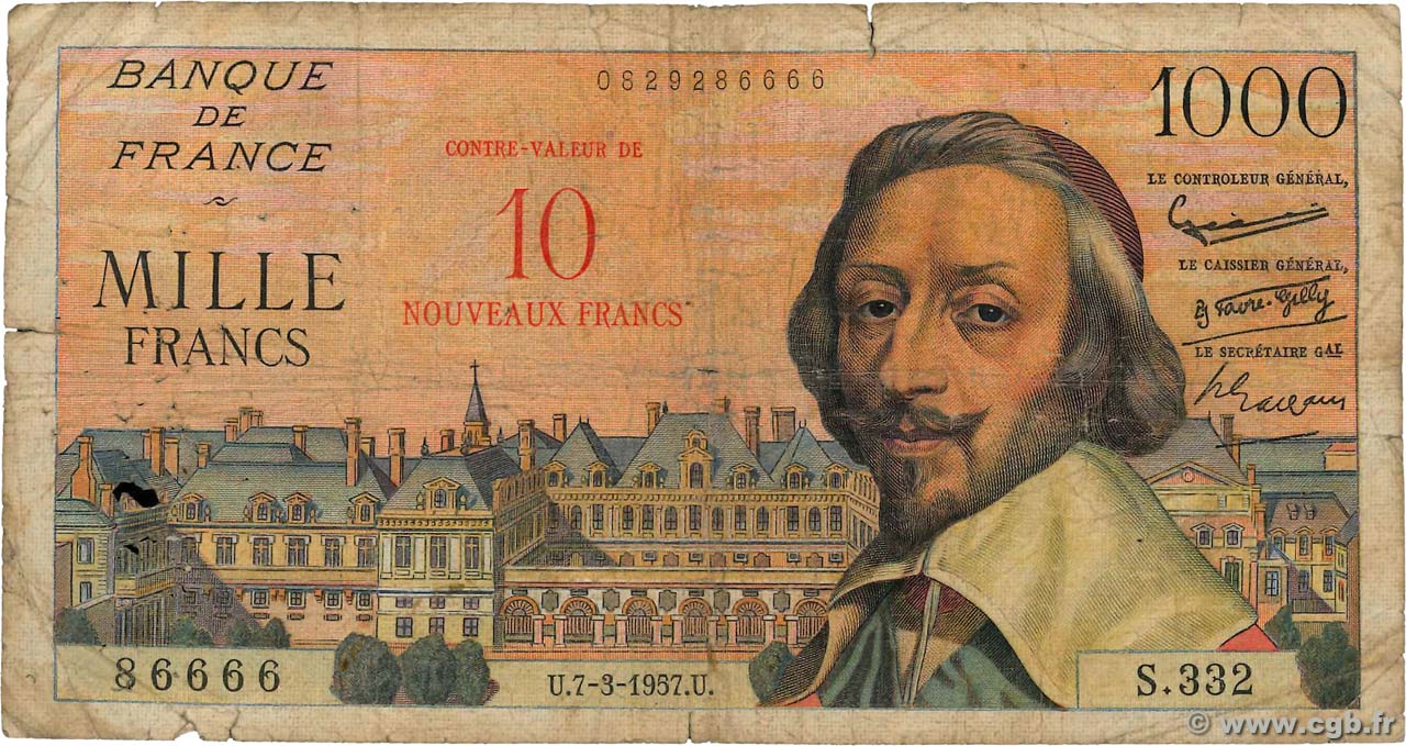 10 NF sur 1000 Francs RICHELIEU FRANCE  1957 F.53.01 AB