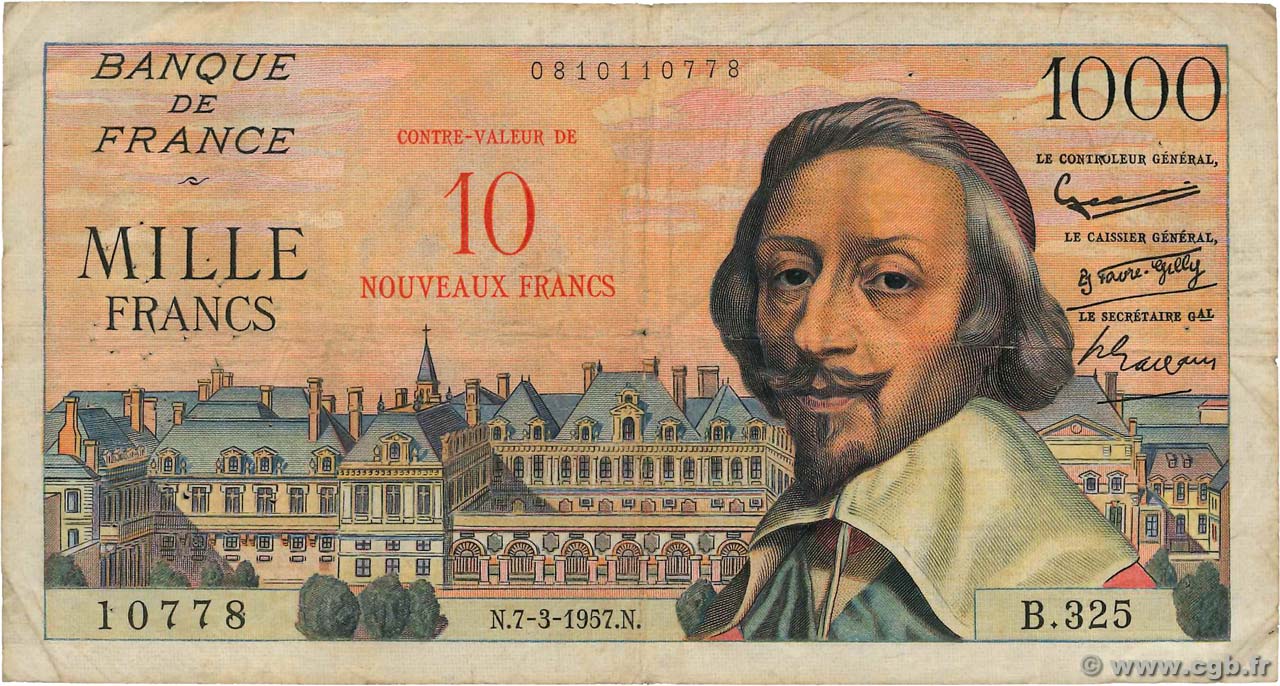 10 NF sur 1000 Francs RICHELIEU FRANCE  1957 F.53.01 B+