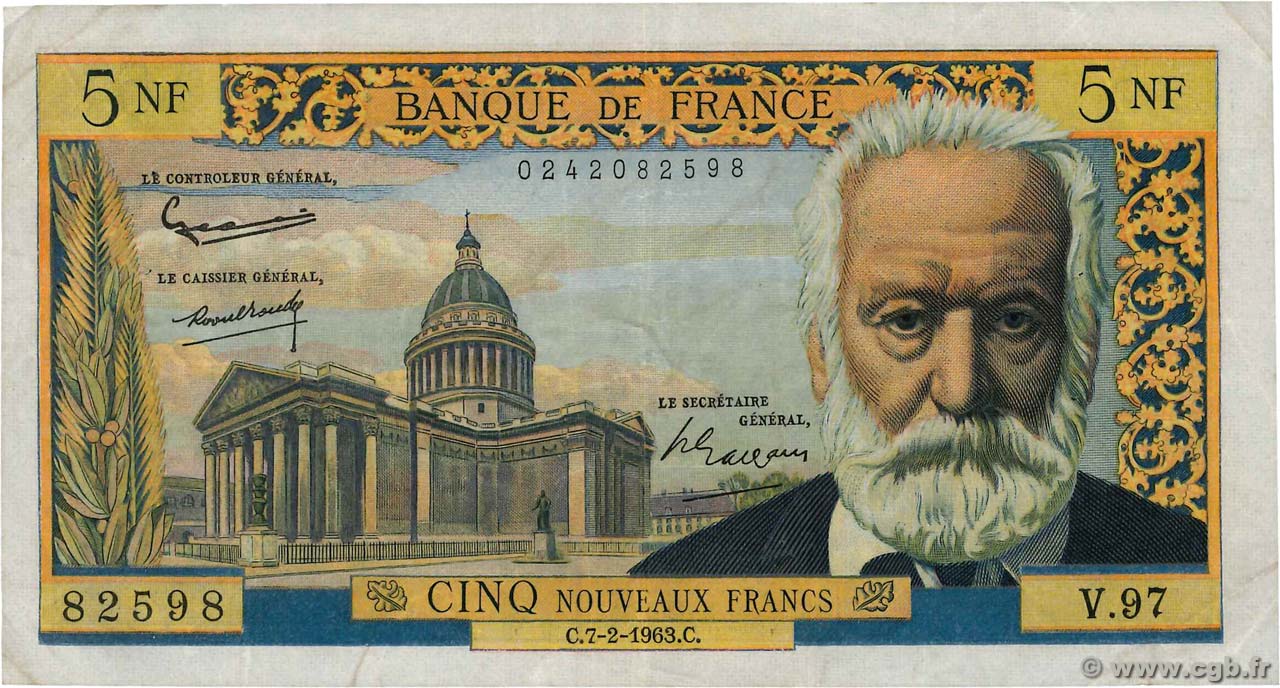 5 Nouveaux Francs VICTOR HUGO FRANCE  1963 F.56.13 TB+