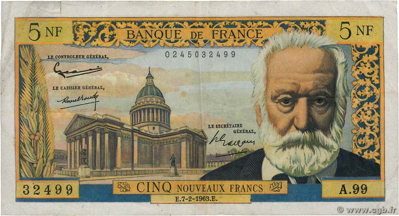 5 Nouveaux Francs VICTOR HUGO FRANCE  1963 F.56.13 TB
