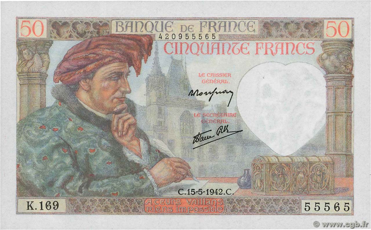 50 Francs JACQUES CŒUR FRANCE  1942 F.19.20 NEUF