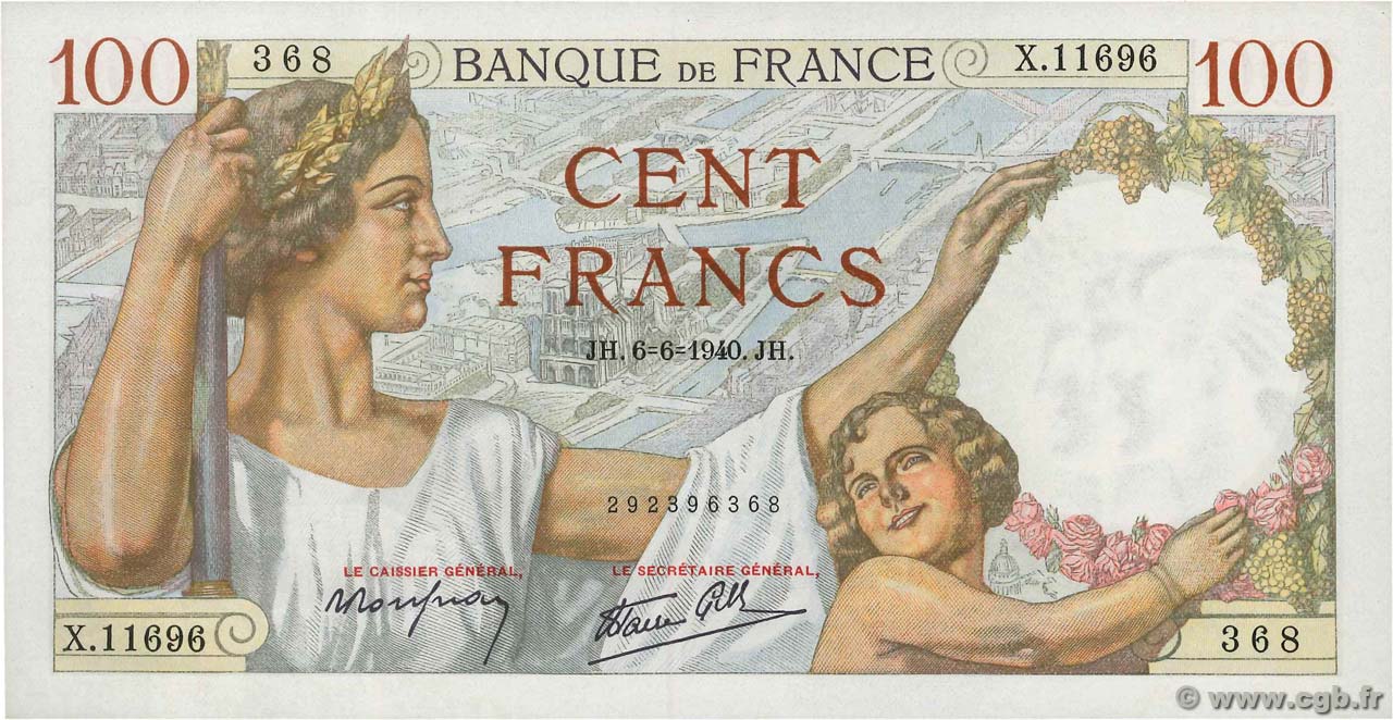 100 Francs SULLY FRANCE  1940 F.26.31 UNC-
