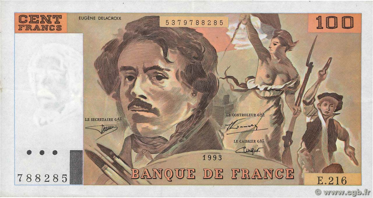 100 Francs DELACROIX imprimé en continu FRANCE  1993 F.69bis.05 TTB+