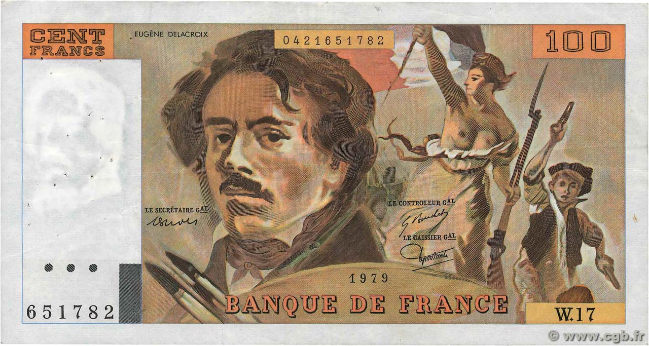 100 Francs DELACROIX modifié FRANCE  1979 F.69.02c pr.TTB