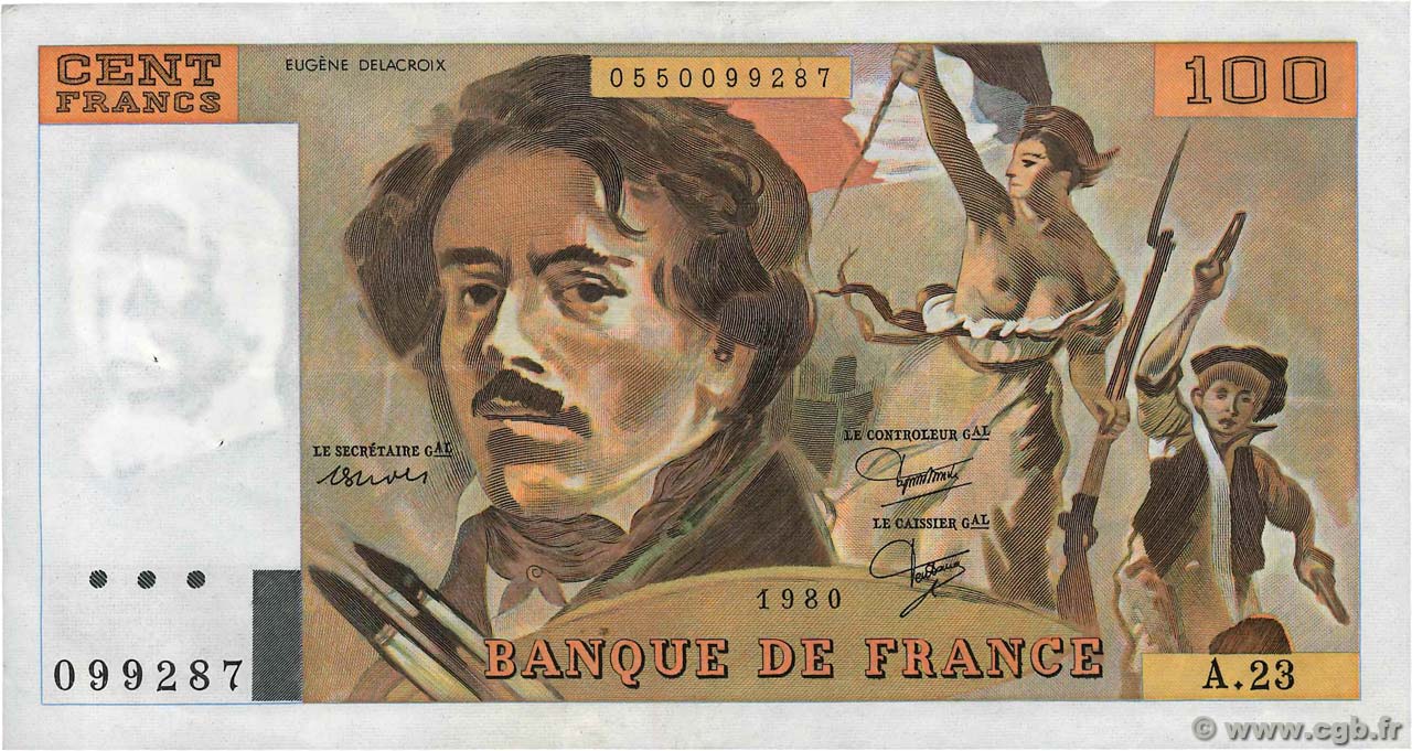 100 Francs DELACROIX modifié FRANCE  1980 F.69.04a TTB