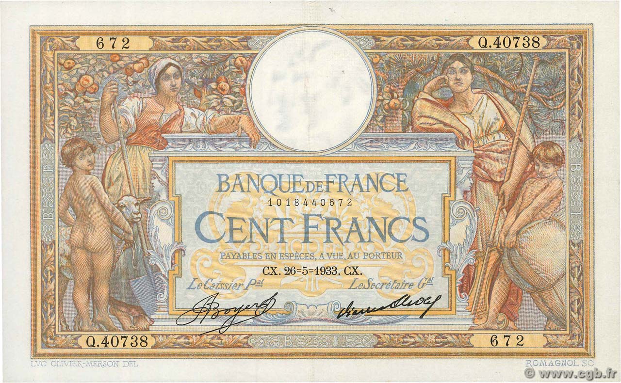 100 Francs LUC OLIVIER MERSON grands cartouches FRANCE  1933 F.24.12 pr.SUP