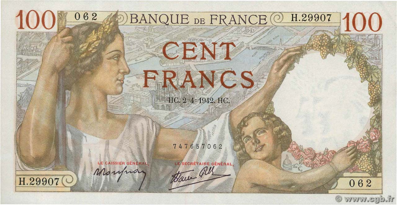 100 Francs SULLY FRANCE  1942 F.26.69 pr.NEUF