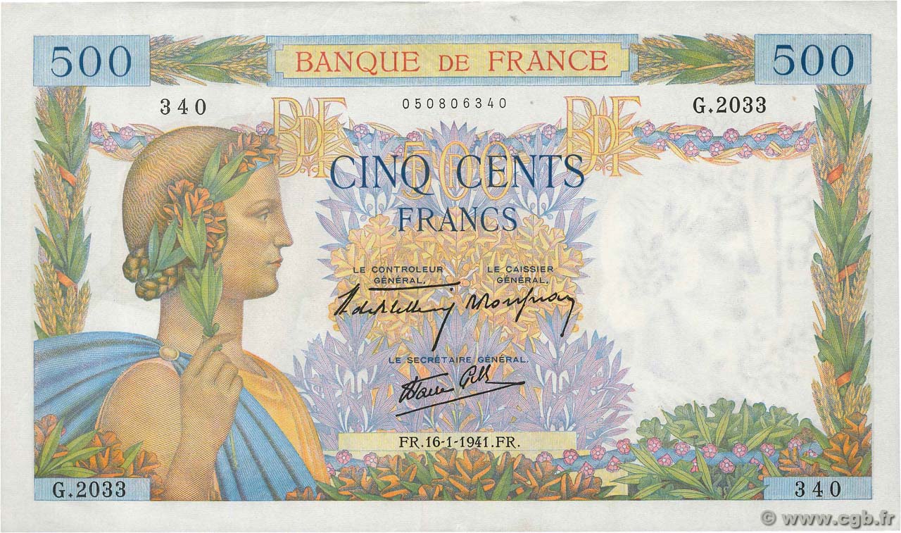 500 Francs LA PAIX FRANCE  1941 F.32.13 SUP