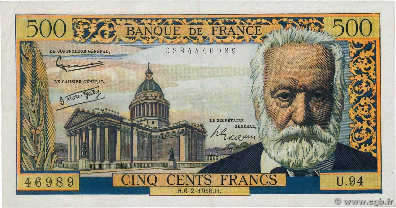 500 Francs VICTOR HUGO FRANCE  1958 F.35.08 TTB