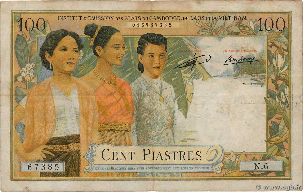 100 Piastres - 100 Kip FRENCH INDOCHINA  1954 P.103 F