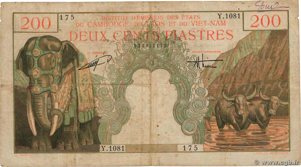 200 Piastres - 200 Dong INDOCINA FRANCESE  1953 P.109 q.MB
