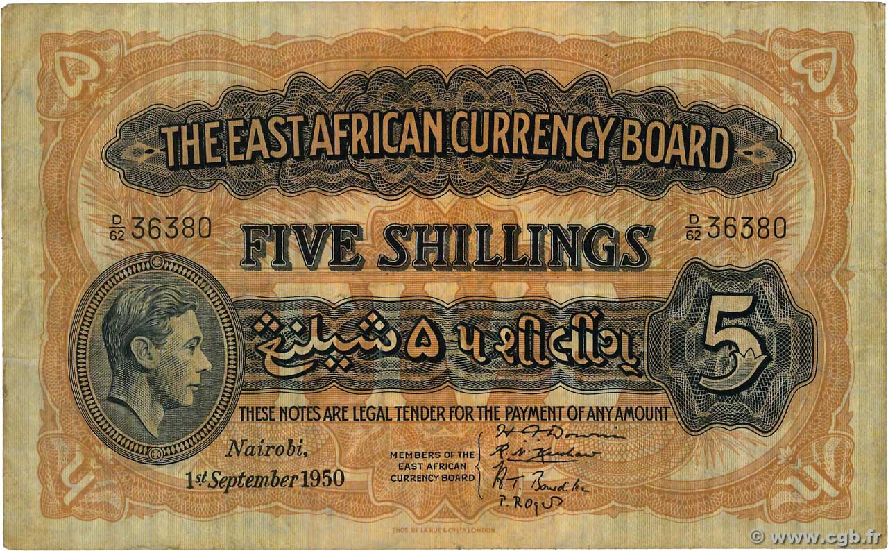5 Shillings AFRICA DI L EST BRITANNICA   1950 P.28b MB