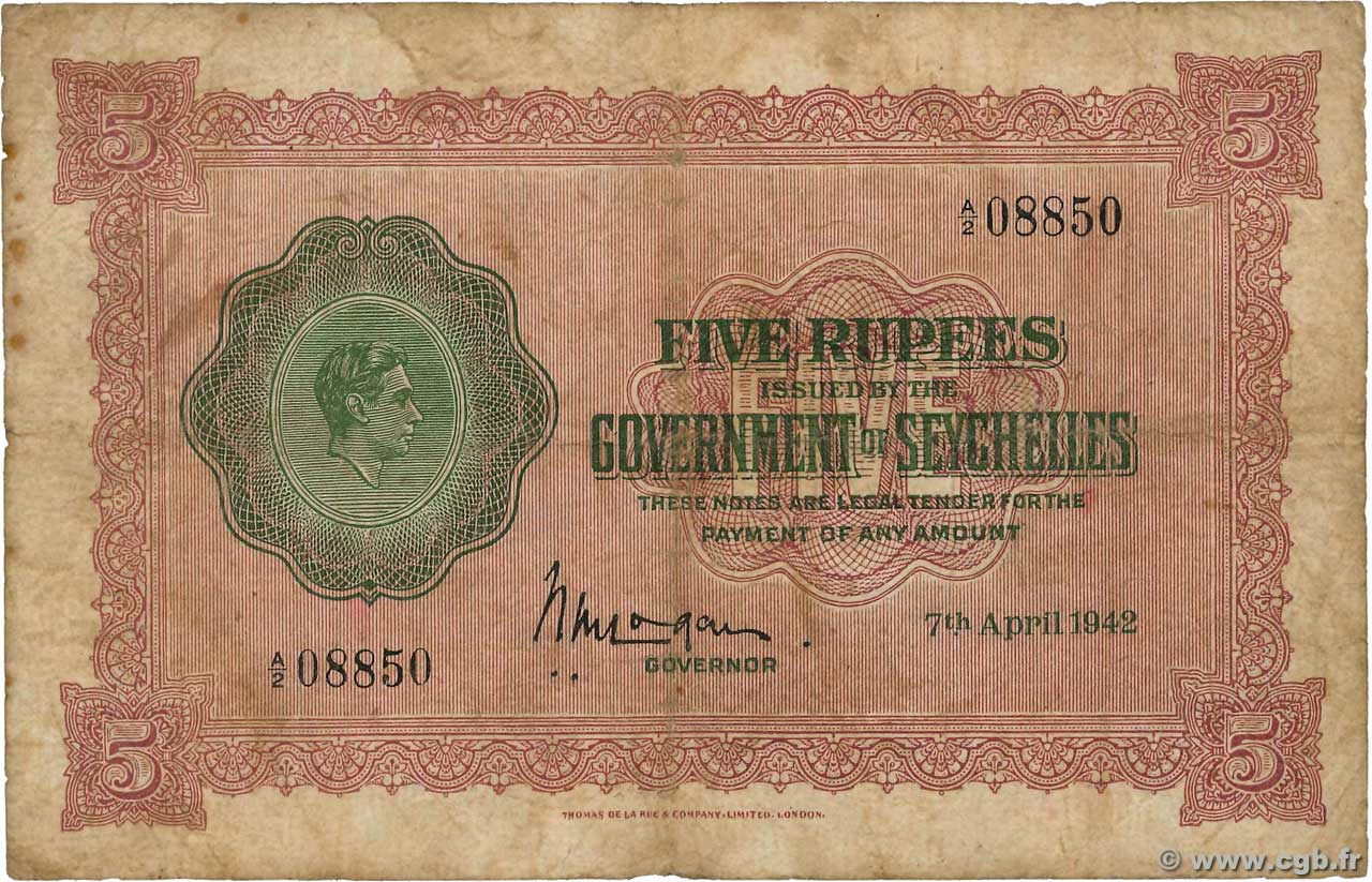 5 Rupees SEYCHELLES  1942 P.08 RC+