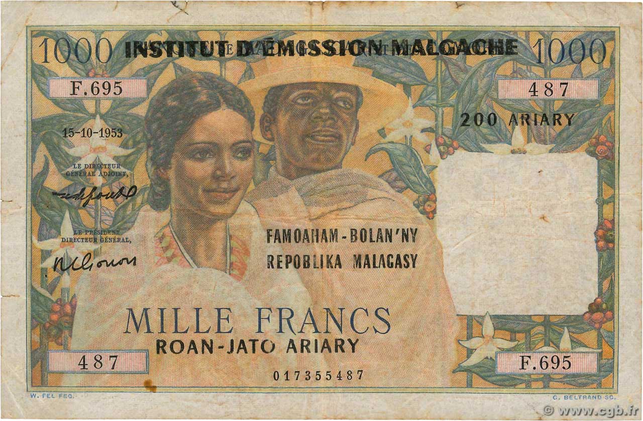 1000 Francs - 200 Ariary MADAGASCAR  1961 P.054 B+