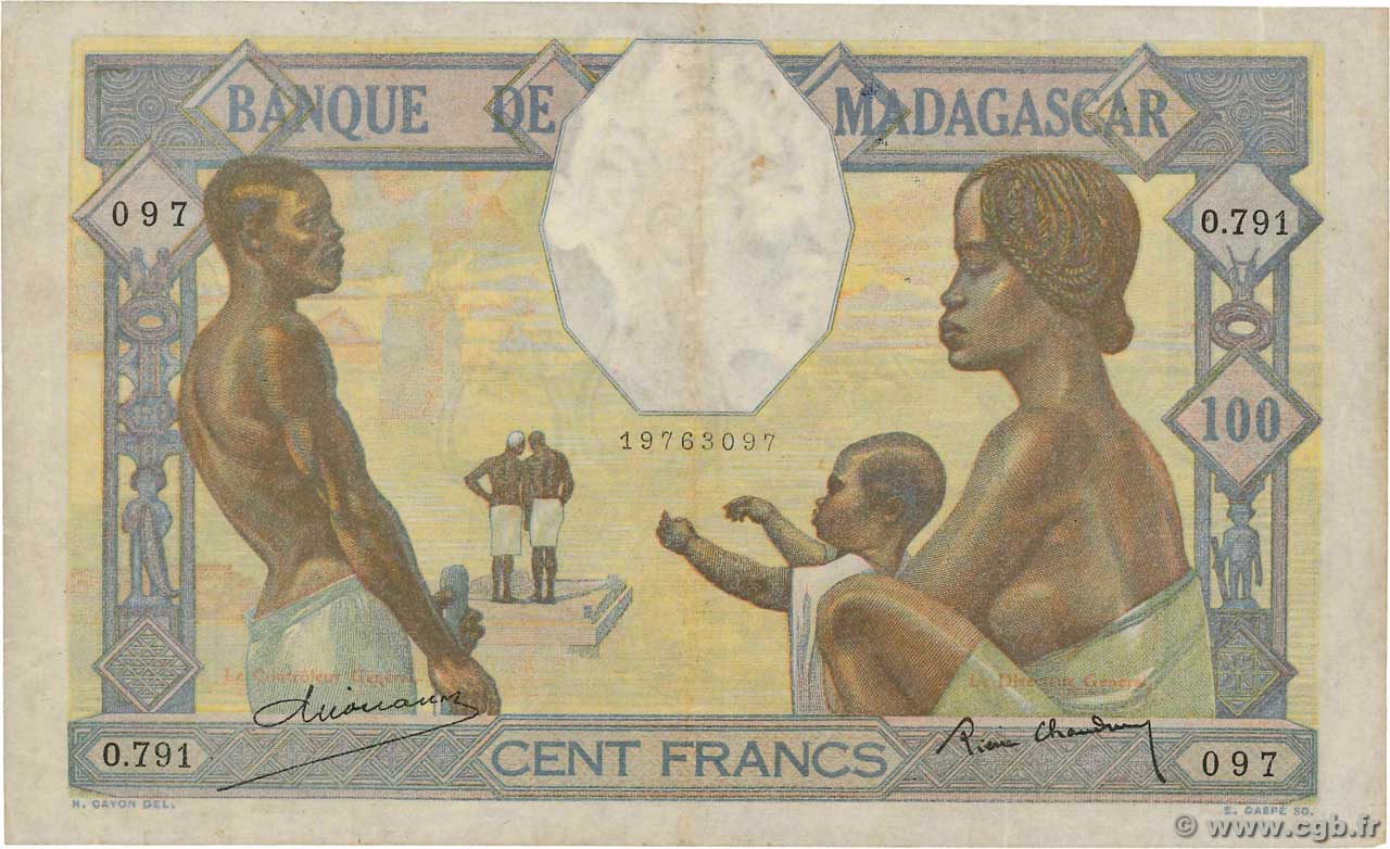 100 Francs MADAGASCAR  1937 P.040 BC+