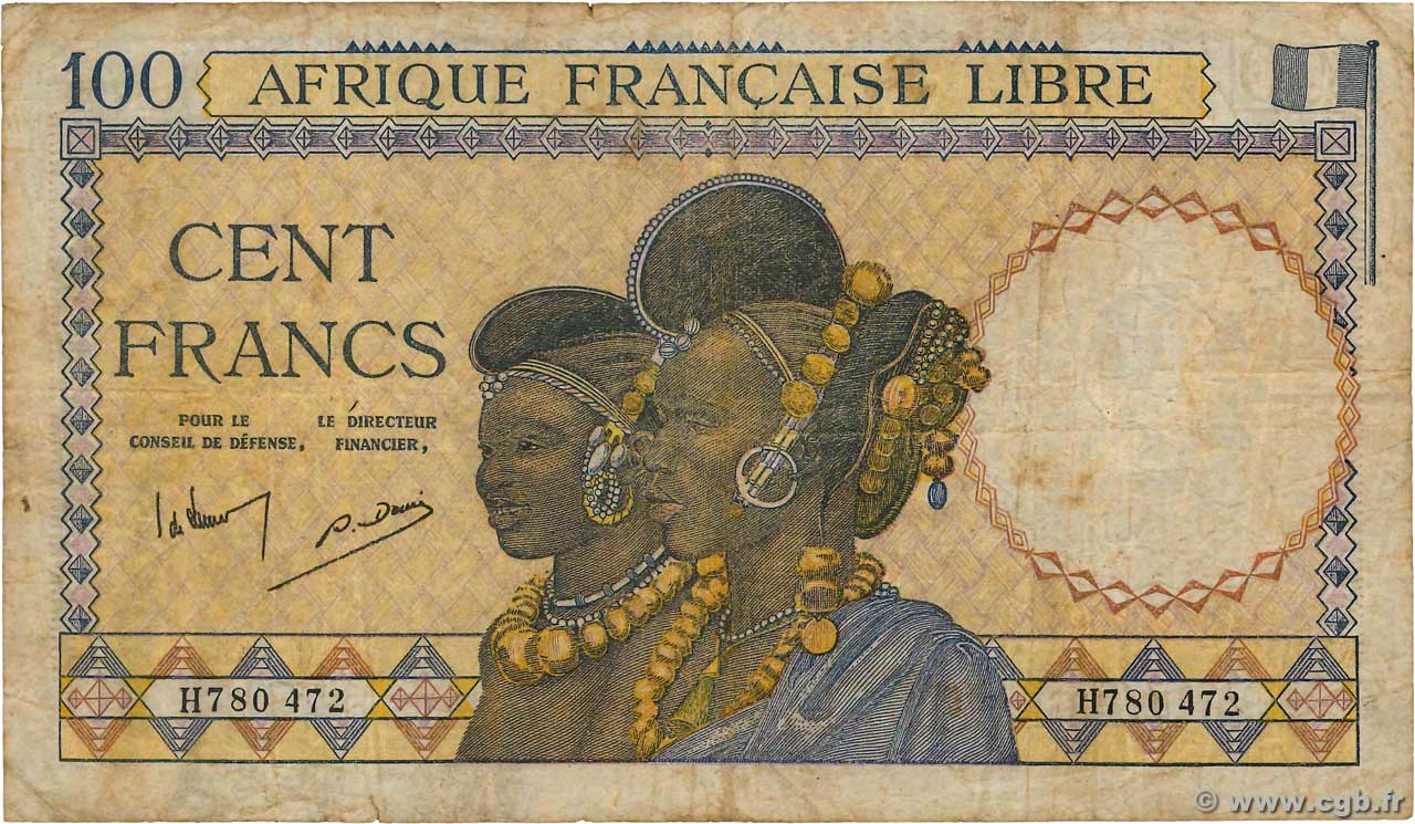 100 Francs FRENCH EQUATORIAL AFRICA Brazzaville 1943 P.08 G