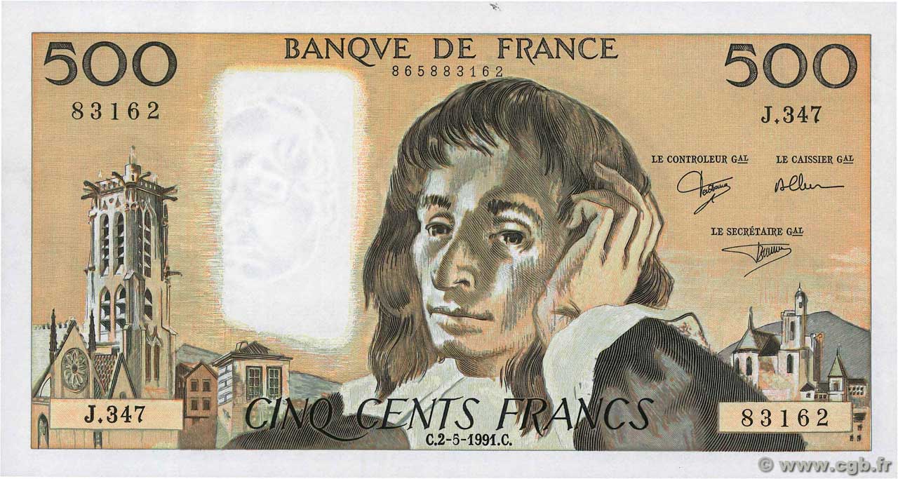 500 Francs PASCAL FRANCE  1991 F.71.47 AU+