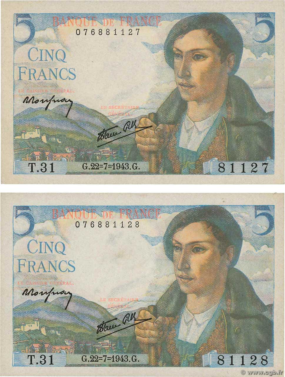 5 Francs BERGER Consécutifs FRANCE  1943 F.05.02 pr.NEUF