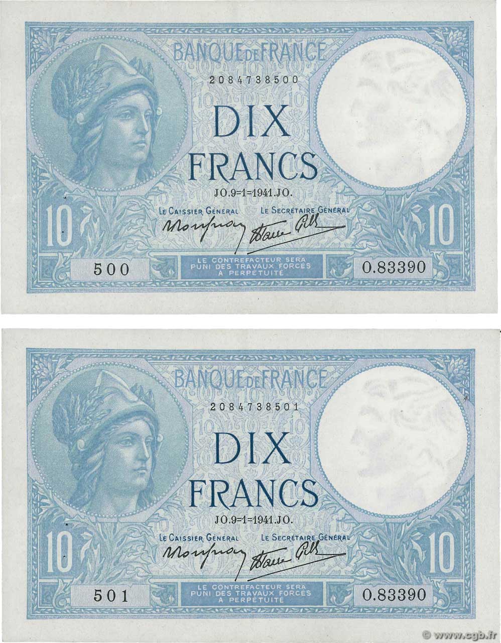 10 Francs MINERVE modifié Consécutifs FRANCIA  1941 F.07.27 SPL