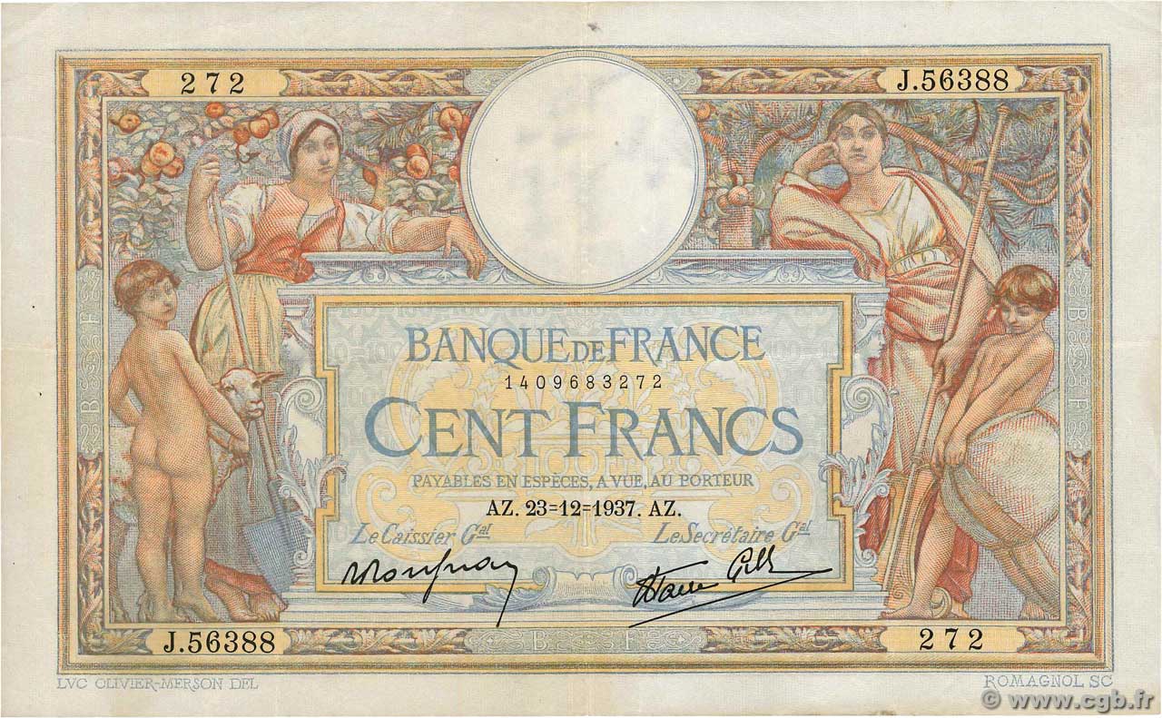 100 Francs LUC OLIVIER MERSON type modifié FRANCE  1937 F.25.06 TTB