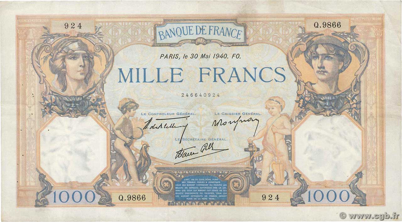 1000 Francs CÉRÈS ET MERCURE type modifié FRANCE  1940 F.38.48 VF