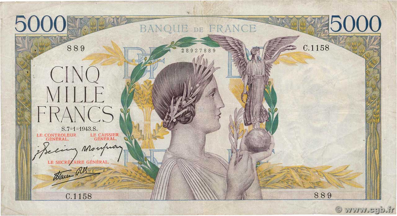 5000 Francs VICTOIRE Impression à plat FRANCE  1943 F.46.46 pr.TB