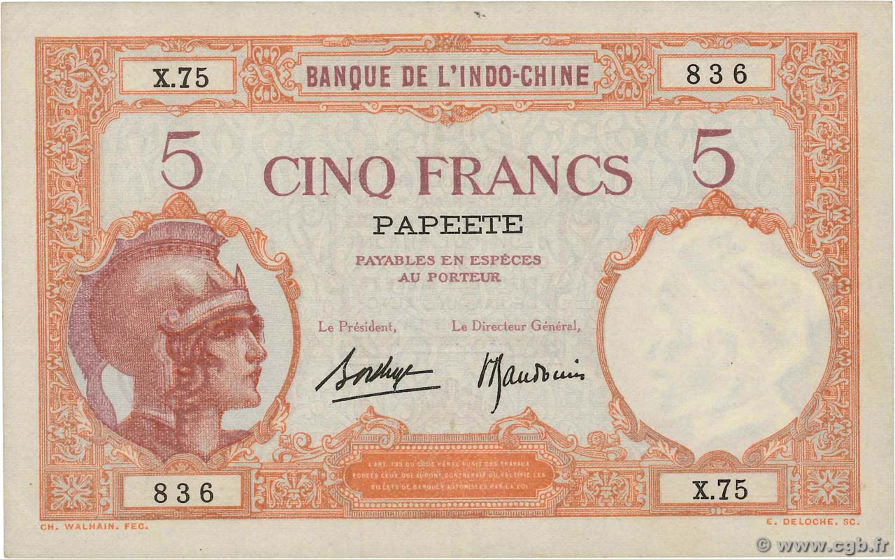 5 Francs TAHITI  1936 P.11c MBC+