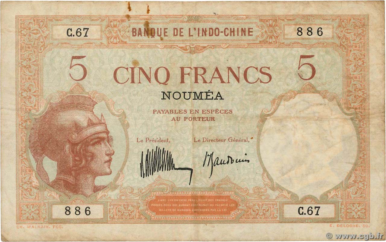 5 Francs NOUVELLE CALÉDONIE  1936 P.36b MB